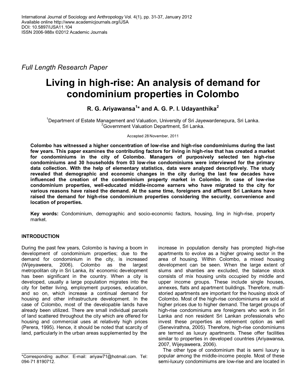 An Empirical Study on Demand for Condominium in Colombo