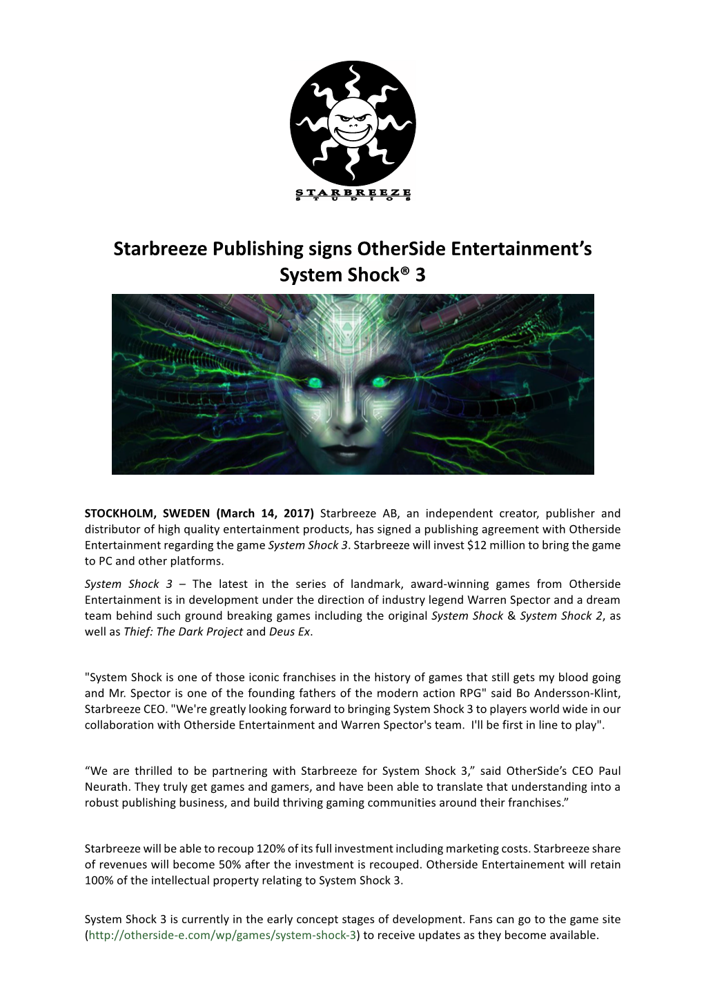 2017-03-14 Starbreeze Publishing Signs Systemshock 3 Final