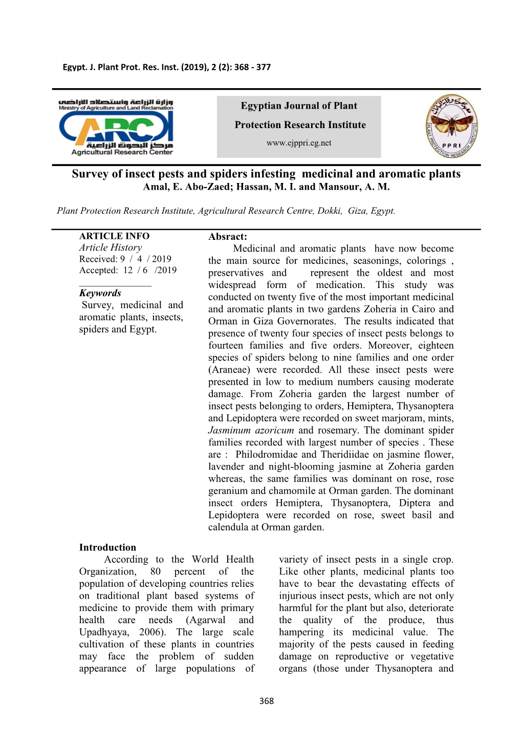 Survey of Insect Pests and Spiders Infesting Medicinal and Aromatic Plants Amal, E