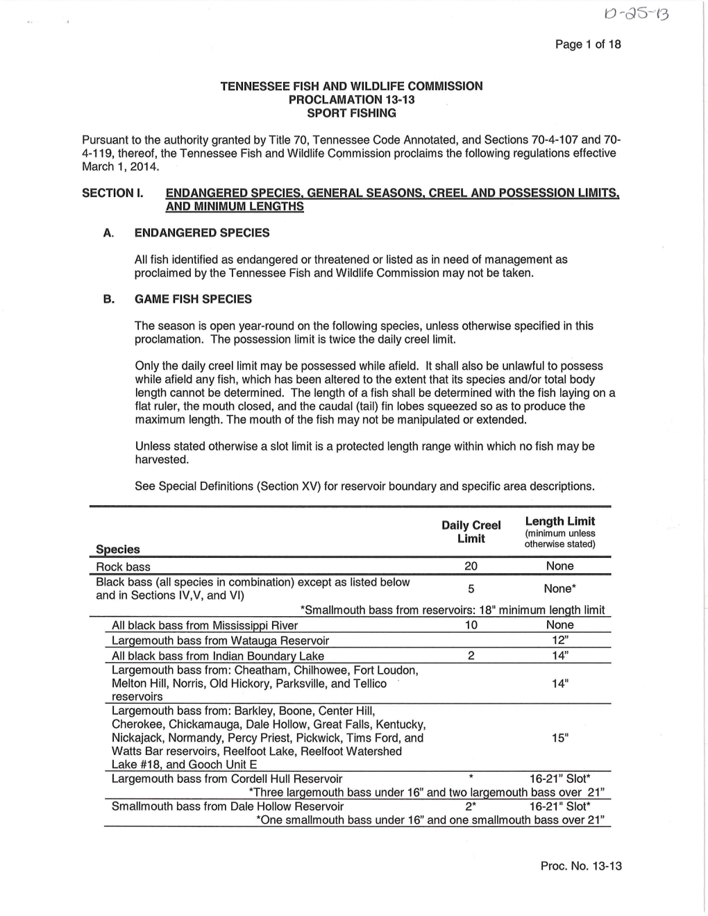 Tennessee Fish and Wildlife Commission Proclamation 13-13 Sport Fishing