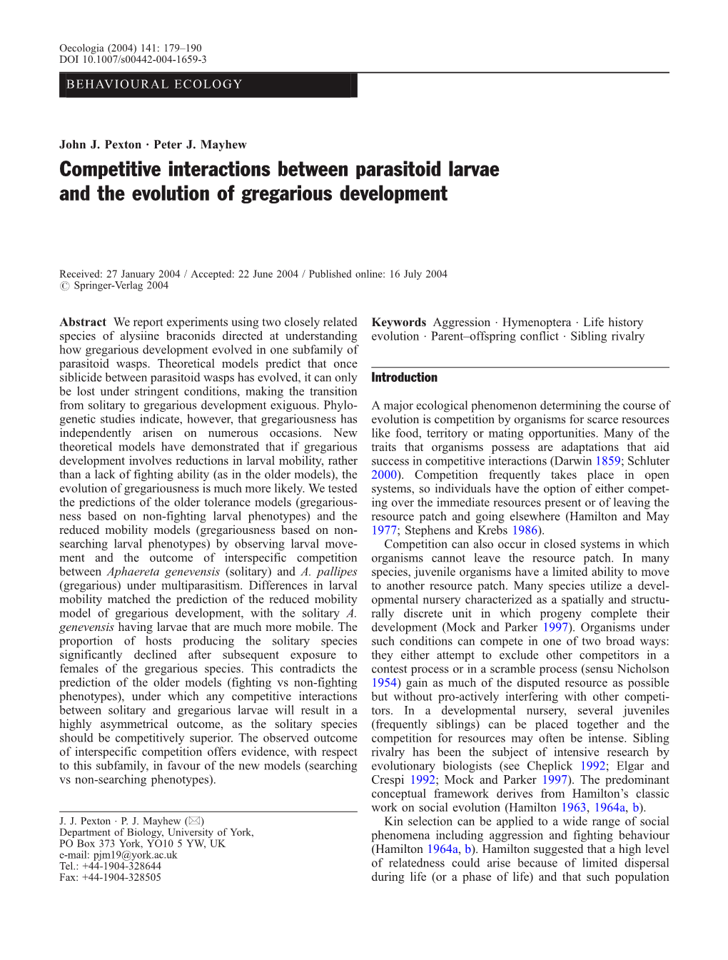 Competitive Interactions Between Parasitoid Larvae and the Evolution of Gregarious Development