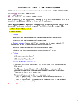 C2005/F2401 '10 -- Lecture # 13 -- RNA & Protein Synthesis