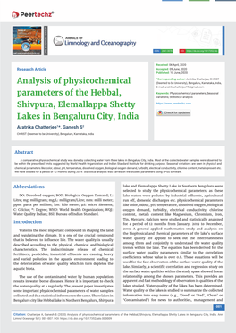 Analysis of Physicochemical Parameters of the Hebbal, Shivpura, Elemallappa Shetty Lakes in Bengaluru City, India