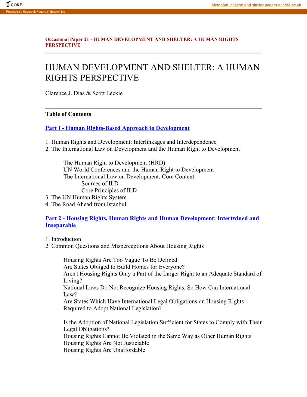 Human Development and Shelter: a Human Rights Perspective