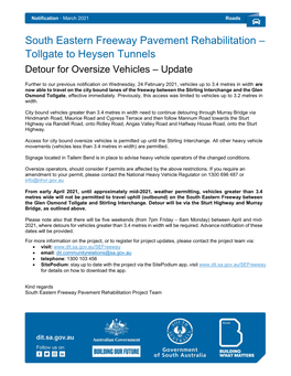 South Eastern Freeway Pavement Rehabilitation – Tollgate to Heysen Tunnels Detour for Oversize Vehicles – Update