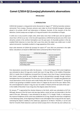 Comet C/2014 Q2 (Lovejoy) Photometric Observations