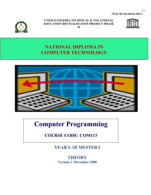 COM 113 INTRO to COMPUTER PROGRAMMING Theory Book