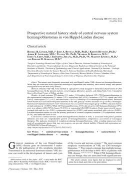 Prospective Natural History Study of Central Nervous System Hemangioblastomas in Von Hippel-Lindau Disease