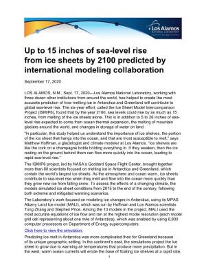 Up to 15 Inches of Sea-Level Rise from Ice Sheets by 2100 Predicted by International Modeling Collaboration