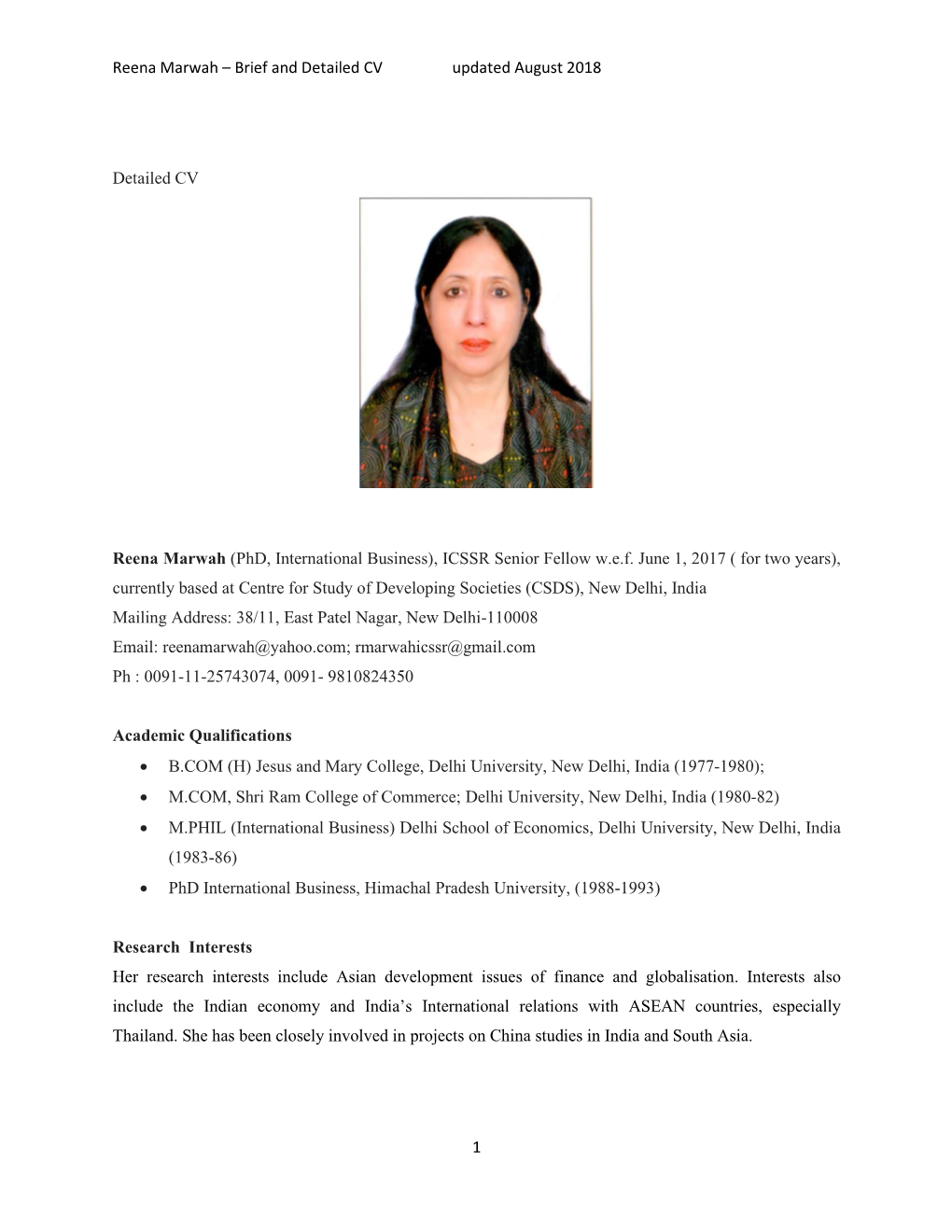 Reena Marwah – Brief and Detailed CV Updated August 2018 1