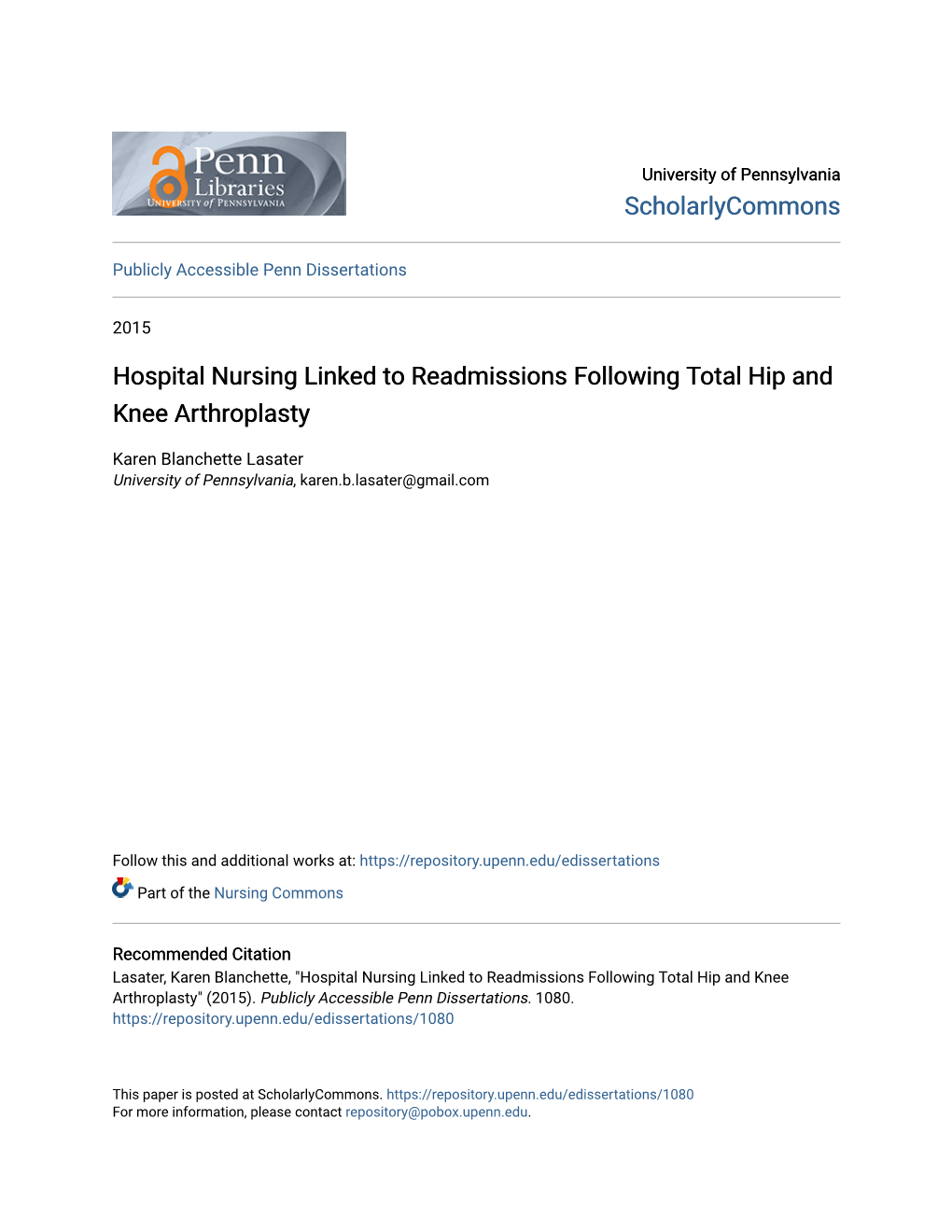 Hospital Nursing Linked to Readmissions Following Total Hip and Knee Arthroplasty