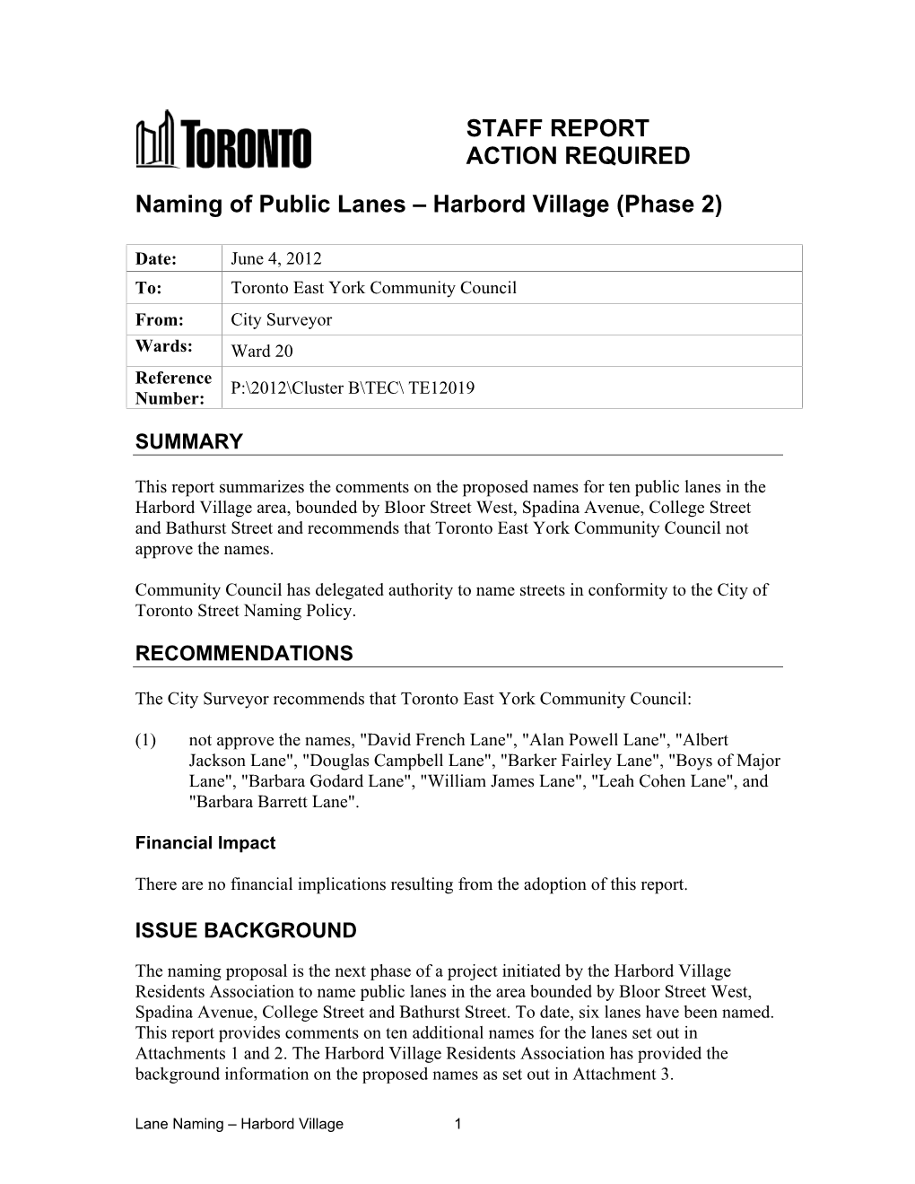 Naming of Public Lanes – Harbord Village (Phase 2)