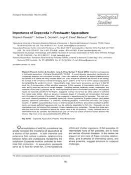 Importance of Copepoda in Freshwater Aquaculture Wojciech Piasecki1,*, Andrew E