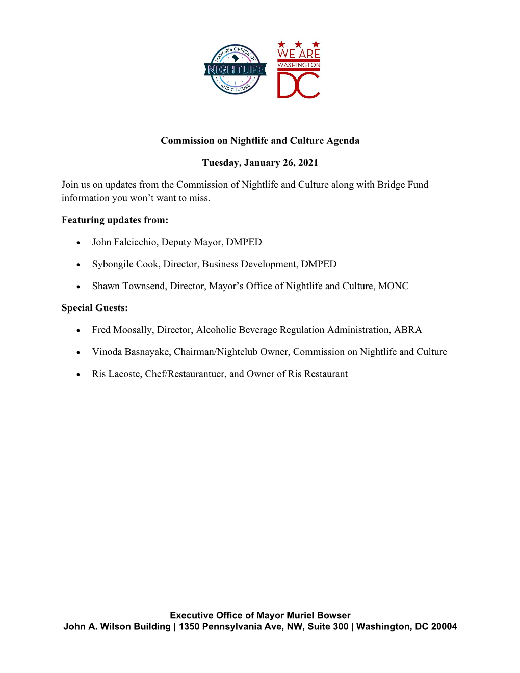 Commission on Nightlife and Culture Agenda Tuesday, January 26, 2021