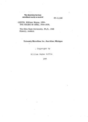 GIFFIN, William Wayne, 1938- the NEGRO in OHIO, 1914-1939. The