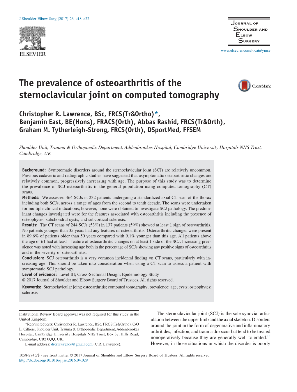 The Prevalence of Osteoarthritis of the Sternoclavicular Joint on Computed Tomography