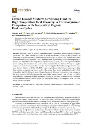 Carbon Dioxide Mixtures As Working Fluid for High-Temperature Heat Recovery: a Thermodynamic Comparison with Transcritical Organic Rankine Cycles