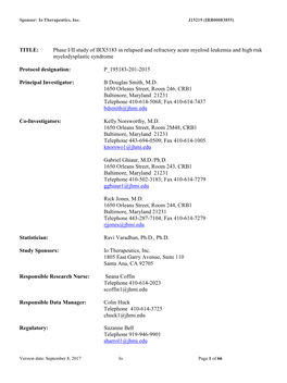 TITLE: Phase I/II Study of IRX5183 in Relapsed and Refractory Acute Myeloid Leukemia and High Risk Myelodysplastic Syndrome