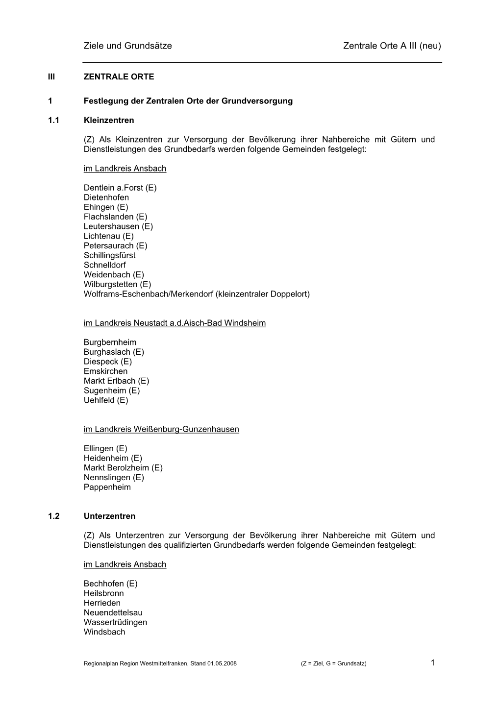 Ziele Und Grundsätze Zentrale Orte a III (Neu)