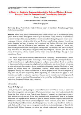 A Study on Aesthetic Representation in the Selected Modern Chinese Essays 1 from the Perspective of Three-Beauty Principle Su-Xin WANG1,A