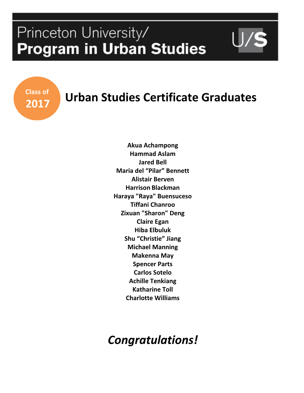 Urban Studies Certificate Graduates Congratulations!