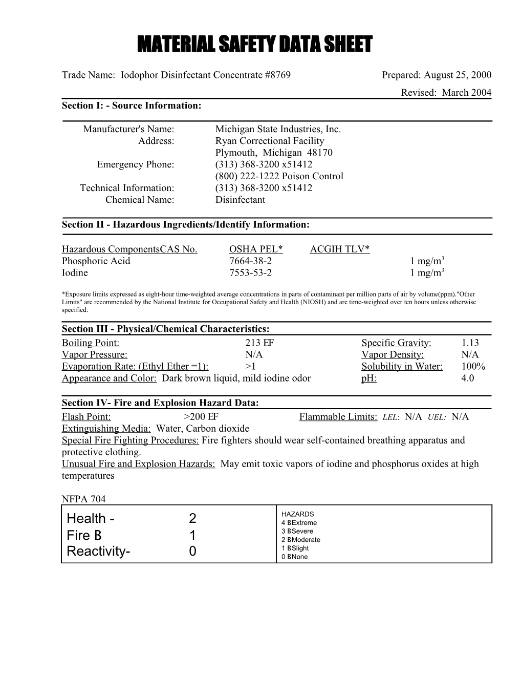 Material Safety Data Sheet s86