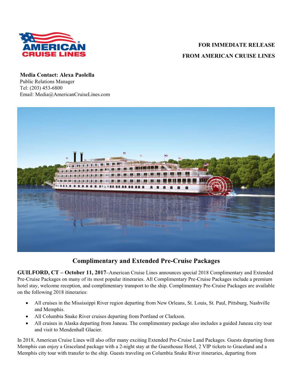 Complimentary and Extended Pre-Cruise Packages