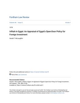 Infitah in Egypt: an Appraisal of Egypt's Open-Door Policy for Foreign Investment Gerald T