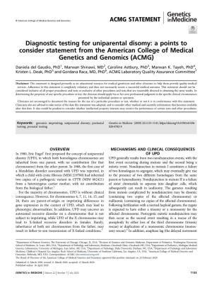 Diagnostic Testing for Uniparental Disomy: a Points to Consider Statement from the American College of Medical Genetics and Genomics (ACMG)