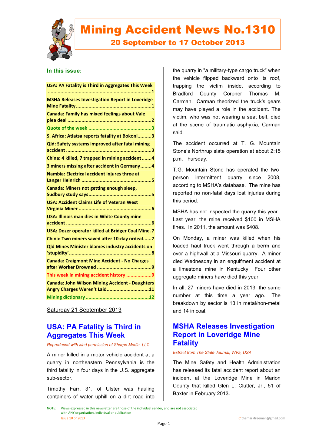 Mining Accident News No.1310 20 September to 17 October 2013