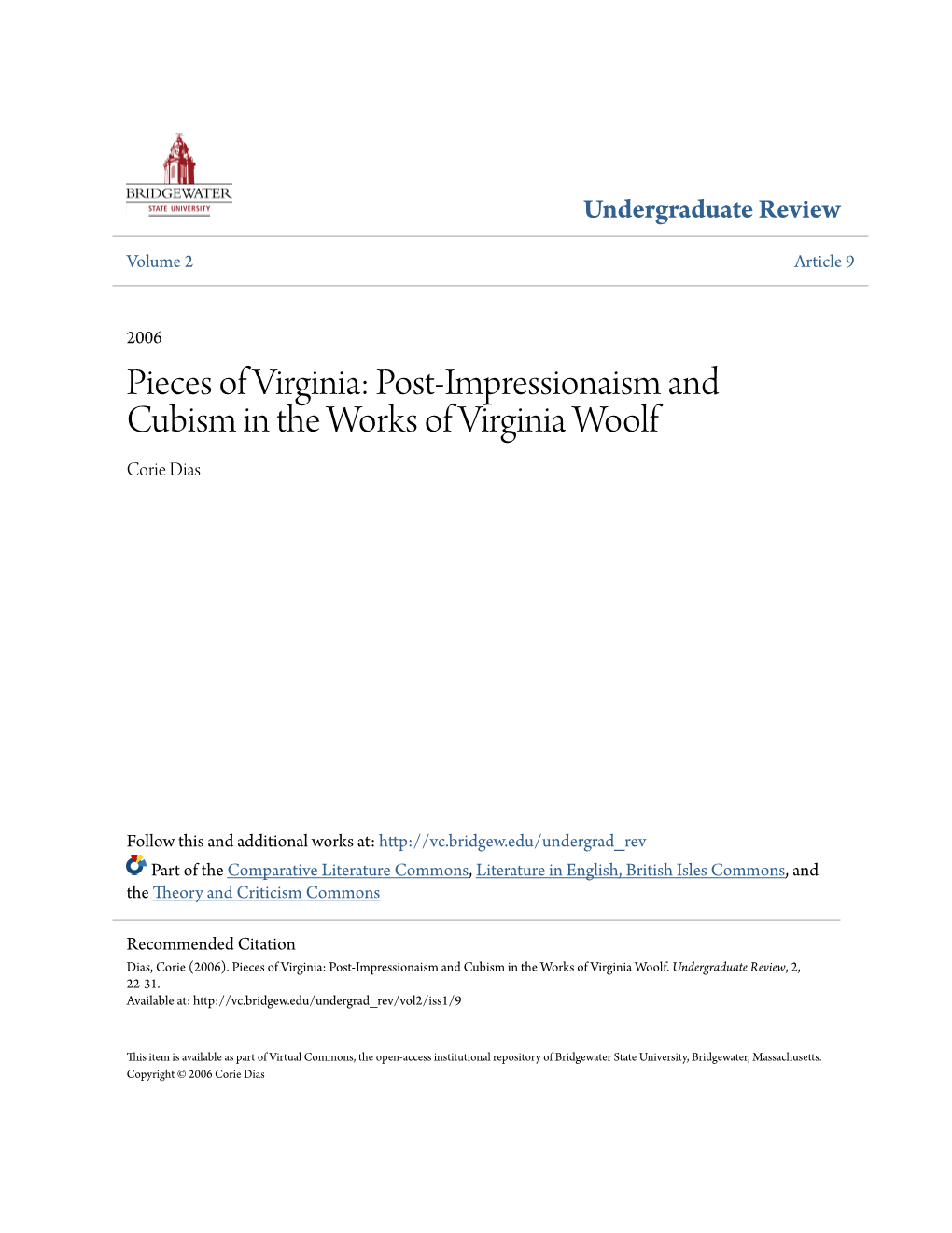 Post-Impressionaism and Cubism in the Works of Virginia Woolf Corie Dias