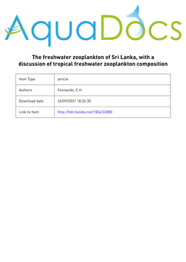 The Freshwater Zooplankton of Sri Lanka, with a Discussion of Tropical Freshwater Zooplankton Composition