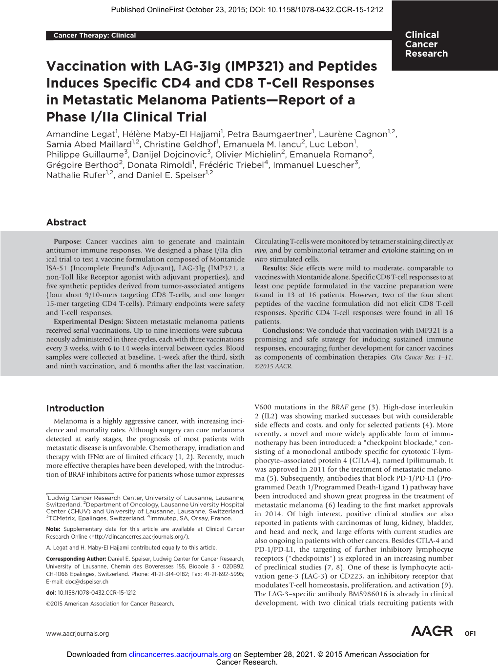 Vaccination with LAG-3Ig (IMP321) and Peptides Induces Specific CD4 and CD8 T-Cell Responses in Metastatic Melanoma Patients—R