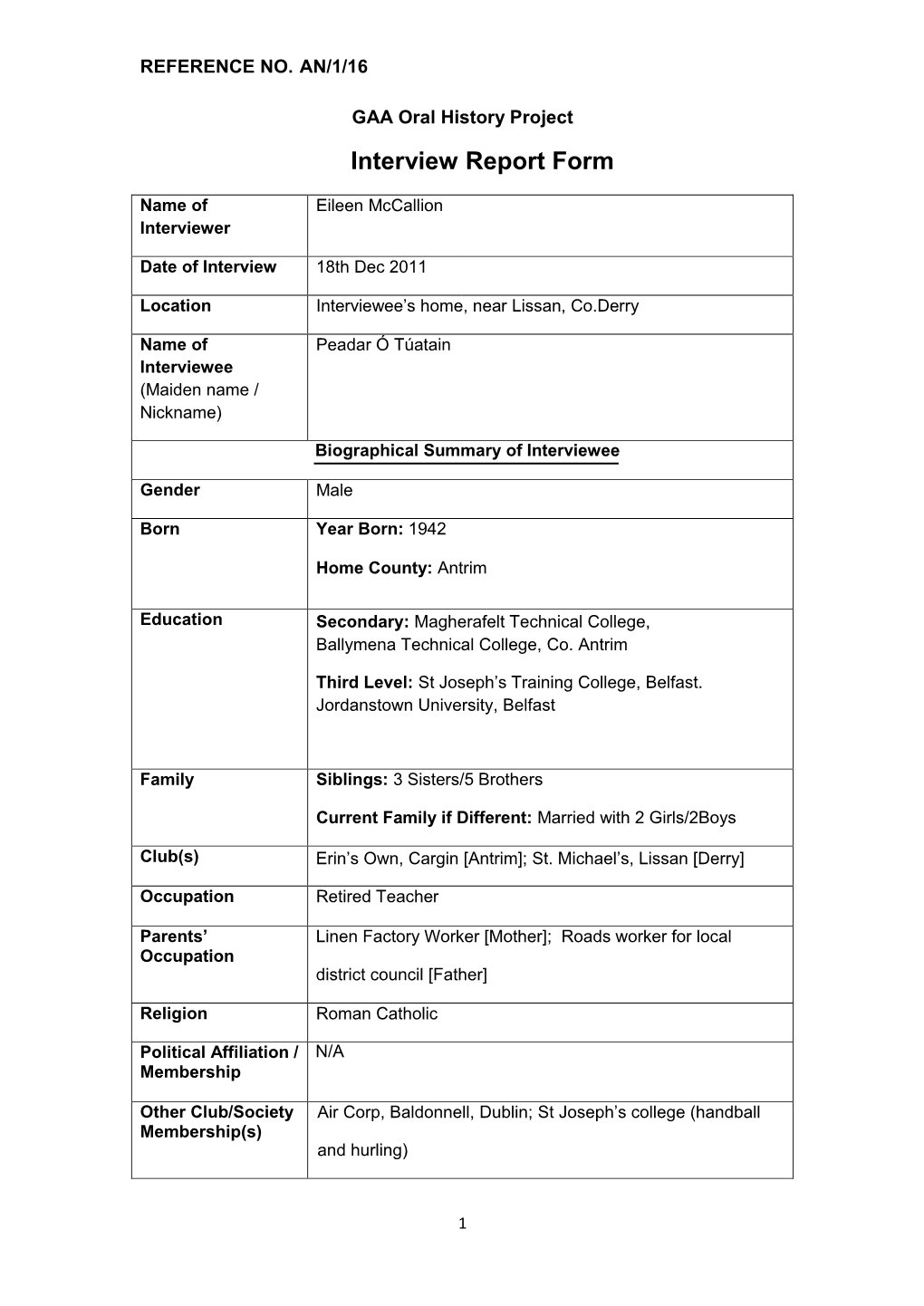 GAA Oral History Project Interview Report Form