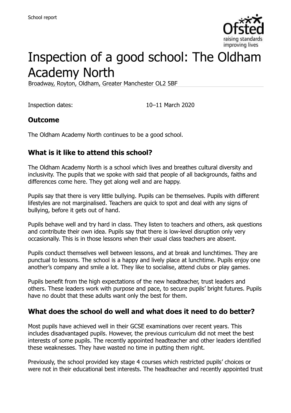 Inspection of a Good School: the Oldham Academy North Broadway, Royton, Oldham, Greater Manchester OL2 5BF