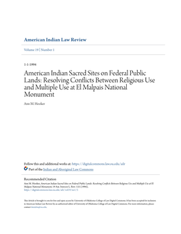 American Indian Sacred Sites on Federal Public Lands: Resolving Conflicts Between Religious Use and Multiple Use at El Malpais National Monument Ann M