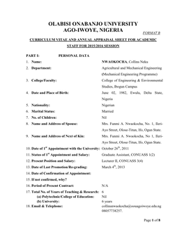 Olabisi Onabanjo University Ago-Iwoye, Nigeria Format B Curriculum Vitae and Annual Appraisal Sheet for Academic Staff for 2015/2016 Session