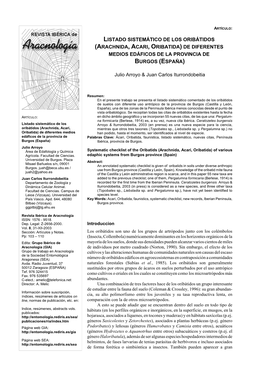 Listado Sistemático De Los Oribátidos (Arachnida, Acari, Oribatida) De Diferentes Medios Edáficos De La Provincia De Burgos (España)