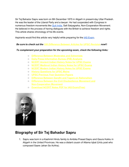 Biography of Sir Tej Bahadur Sapru