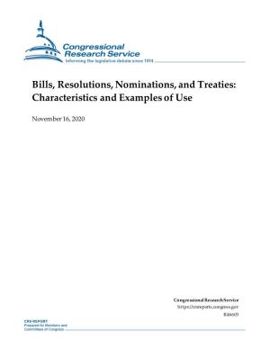 Bills, Resolutions, Nominations, and Treaties: Characteristics and Examples of Use