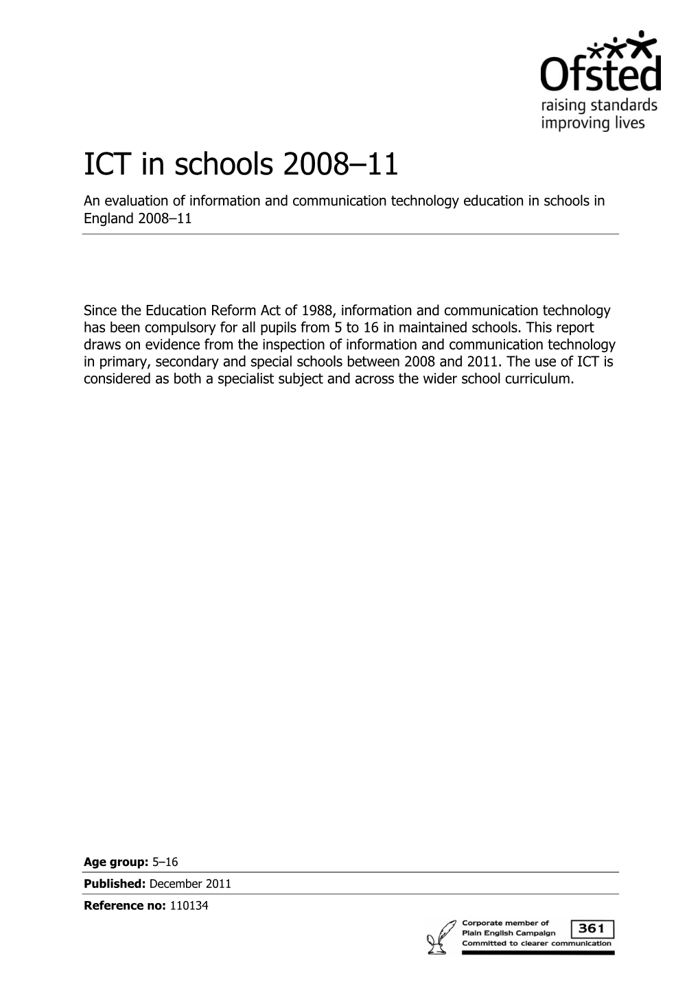 ICT in Schools 2008–11 an Evaluation of Information and Communication Technology Education in Schools in England 2008–11