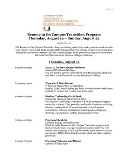 Remote to on Campus Transition Program Thursday, August 19 – Sunday, August 22
