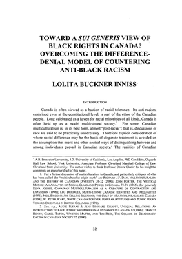 Toward a Sui Generis View of Black Rights in Canada? Overcoming the Difference- Denial Model of Countering Anti-Black Racism
