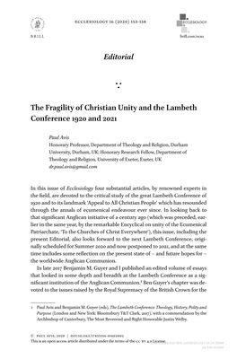 Editorial the Fragility of Christian Unity and the Lambeth Conference