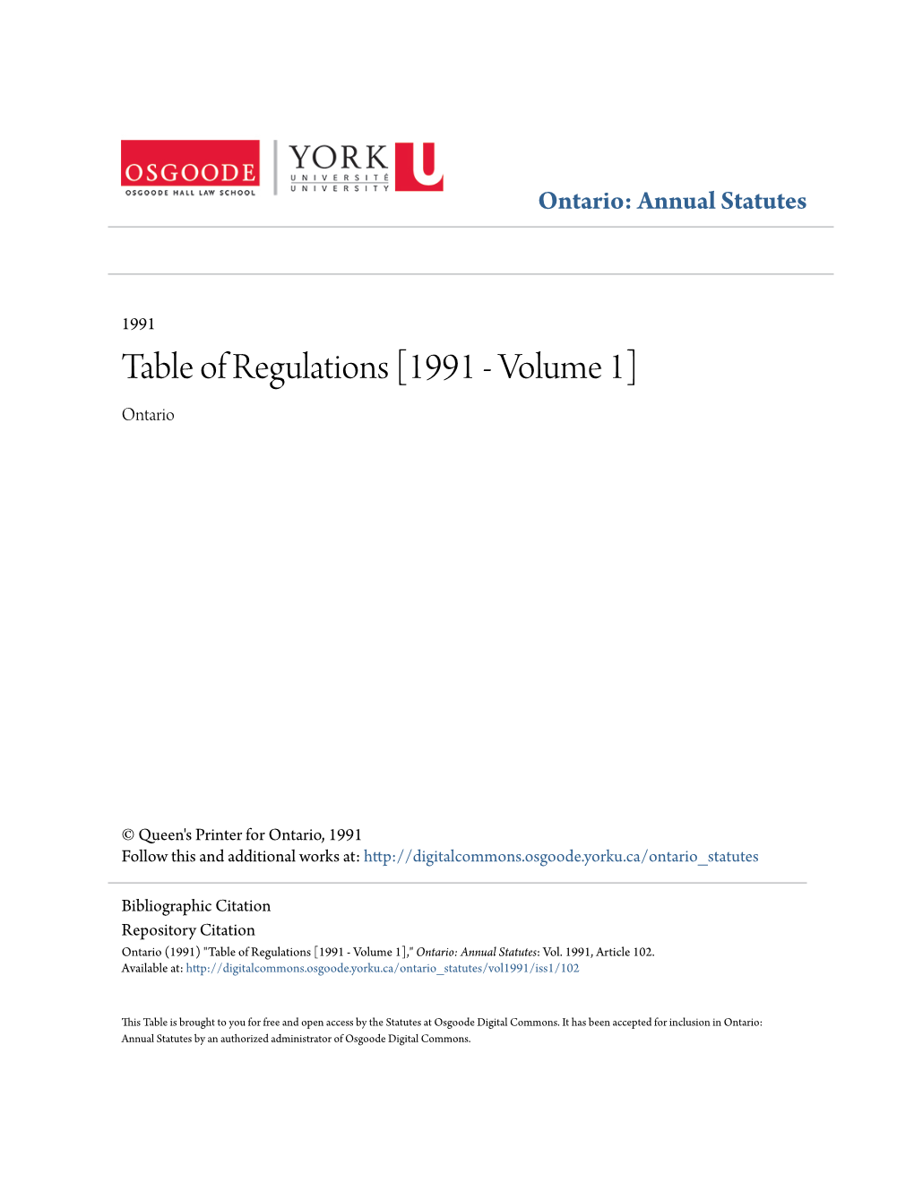Table of Regulations [1991 - Volume 1] Ontario