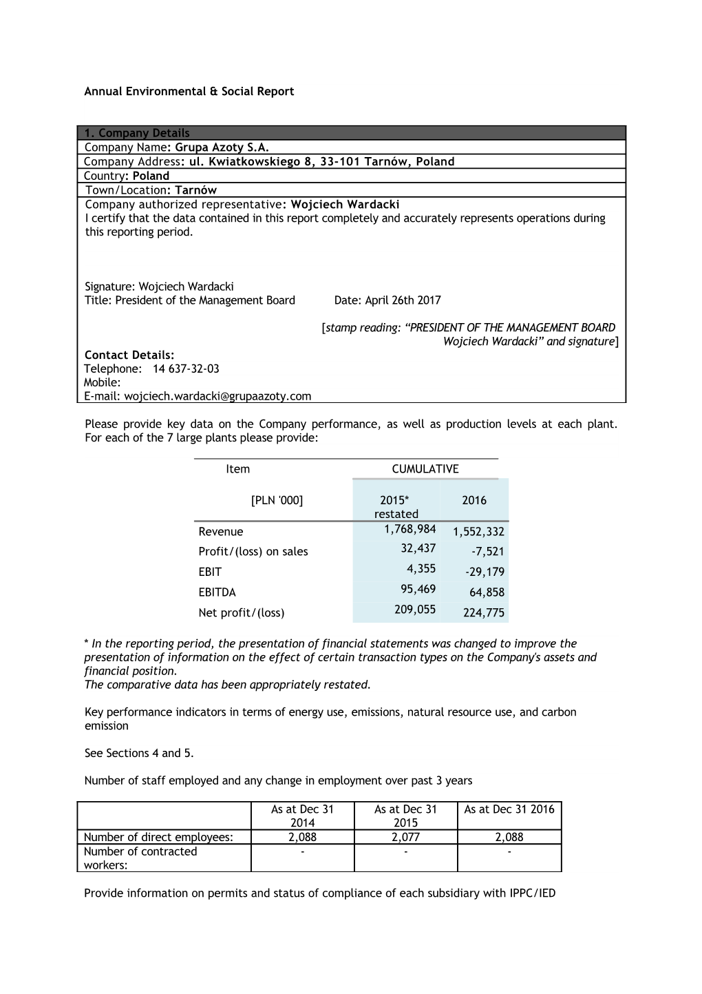 Annual Environmental & Social Report 1. Company Details Company Name: Grupa Azoty S.A. Company Address: Ul. Kwiatkowskiego 8