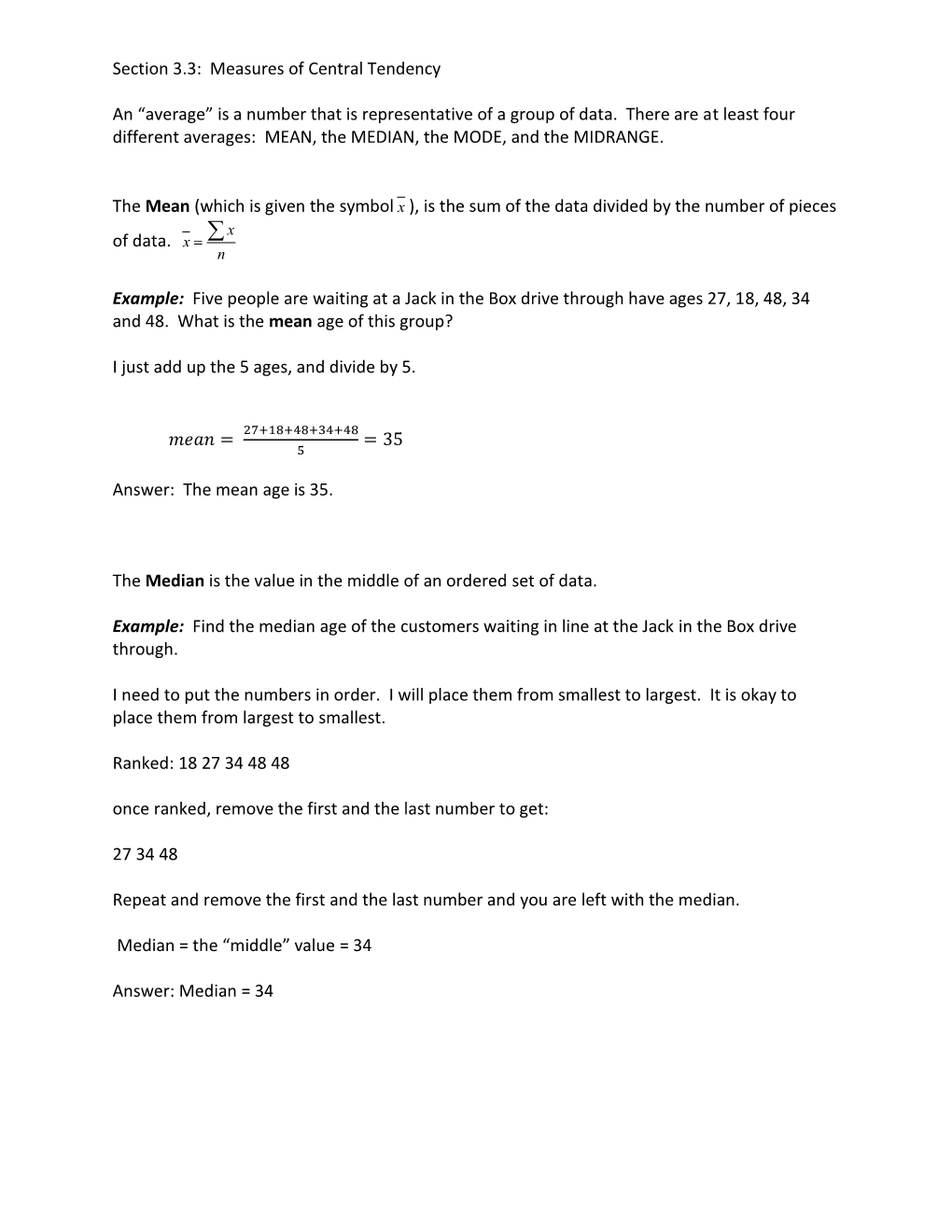 Section 3.3: Measures of Central Tendency an “Average” Is a Number