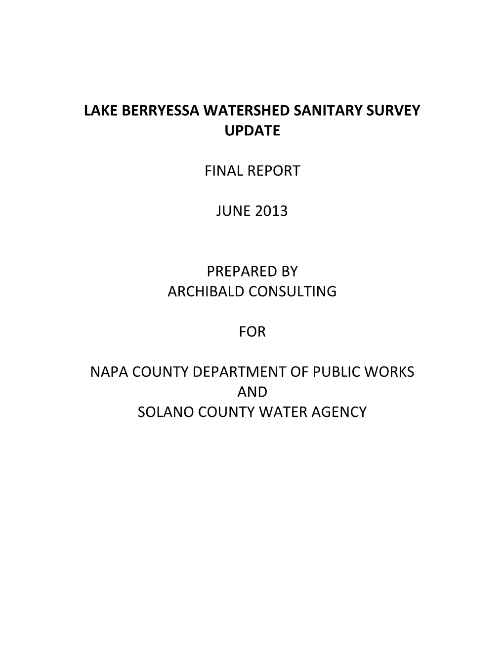 Lake Berryessa Watershed Sanitary Survey Update