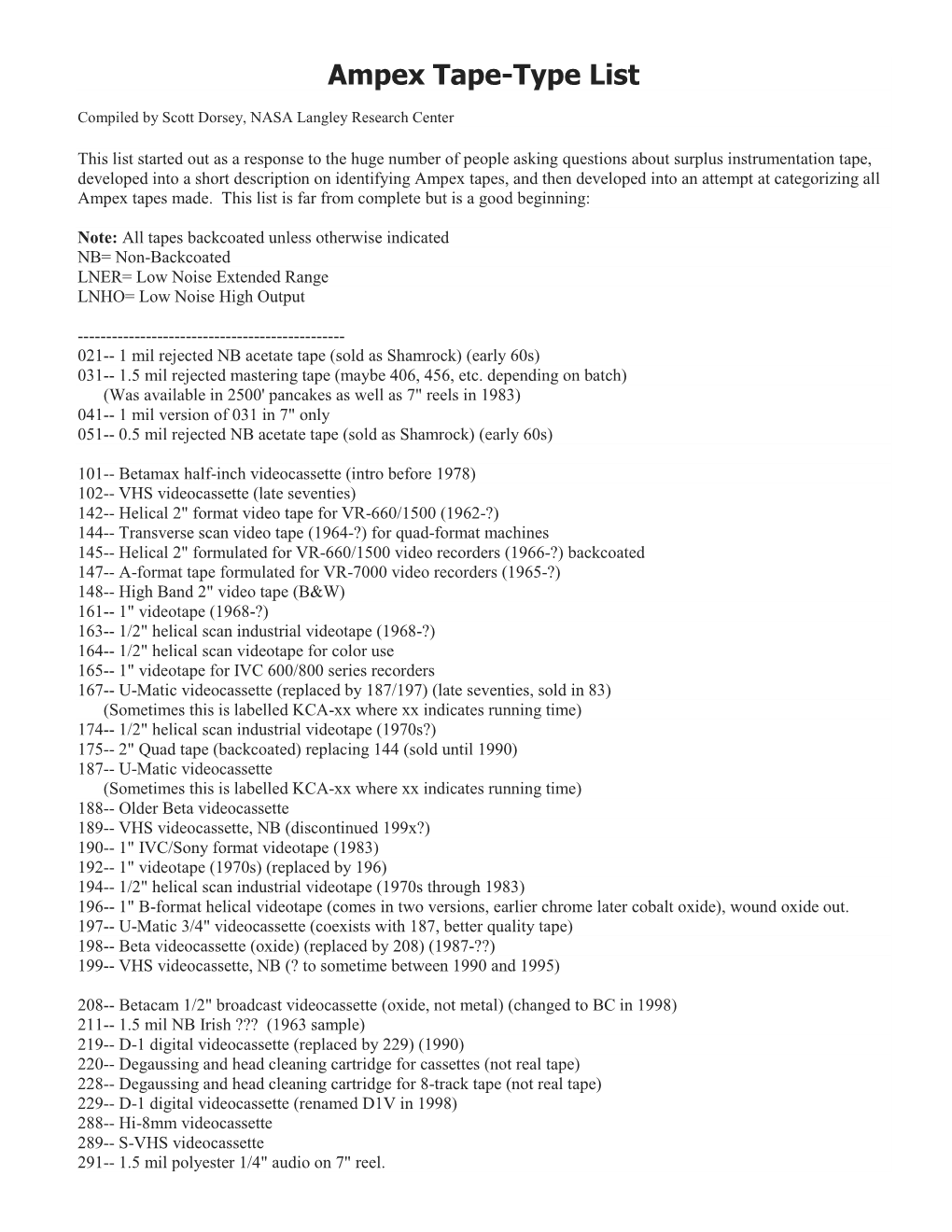 Ampex Tape-Type List