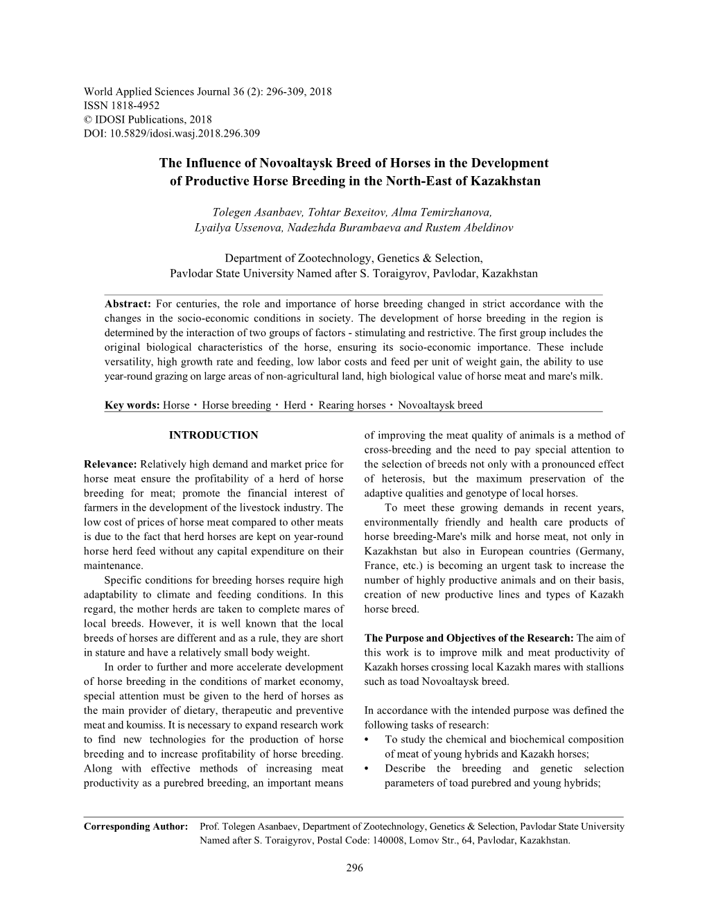 The Influence of Novoaltaysk Breed of Horses in the Development of Productive Horse Breeding in the North-East of Kazakhstan